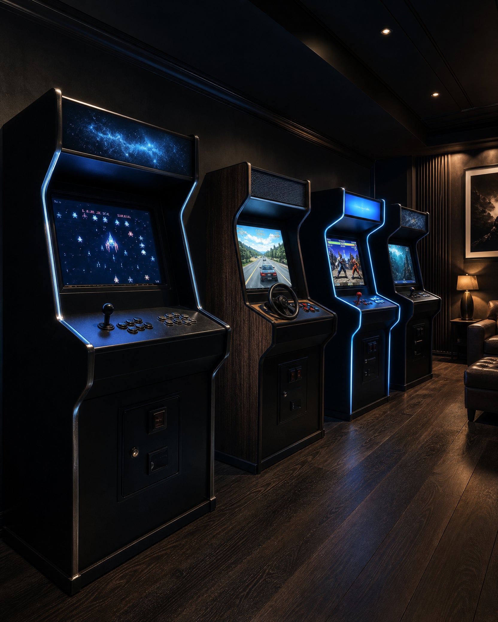 Premium arcade cabinets in a dark game room